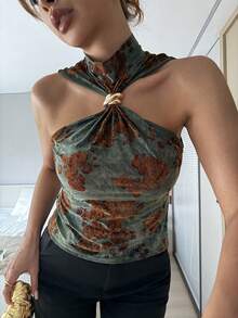 Islaluna Áo tank top nữ màu xanh lá cây in họa tiết, không tay, cổ cao, khóa kim loại, thắt eo, chất liệu co giãn, in họa tiết, thanh lịch và gợi cảm, thích hợp cho mùa xuân và hè, kỳ nghỉ hè, mùa xuân, ngày Valentine, dự tiệc, đi chơi, nghỉ mát. - màu xanh lá - Xem 4