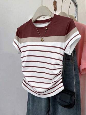 Franclia Women's Striped Cropped Tee, Summer New Arrival, Graphic Design, Multicolor Stripes, White, Burgundy, Back To School, Outdoor Wear, Fitted Ruched Waist T-Shirt