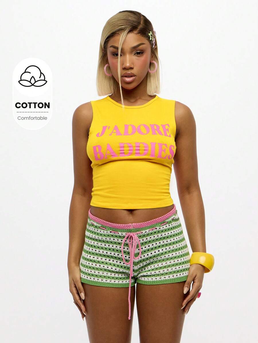 SUMWON WOMEN Summer Festival Tank Top Jersey Sleeveless Crop Top Printed Statement Graphics Fashion Streetwear Y2K Party