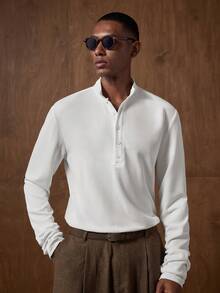 AKNOTIC 男士白色纽扣半开襟休闲长袖T恤 - 白色 - 查看 7