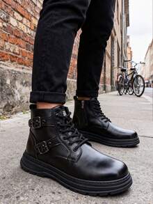 Botas de cuero negras para hombre,Botas altas para hombres de 2025, Botas de otoño e invierno para hombre casuales resistentes y cómodas,nueva llegada, antideslizantes, desodorizantes, cómodas, versátiles, de moda y para trabajo casual - Negro - Ver 2