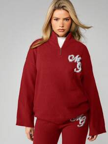 MISSGUIDED Oversized Quarter Zip Jumper With Logo Detail Long Sleeve Knit Pullover Winter Casual Sweater - Burgundy - View 4