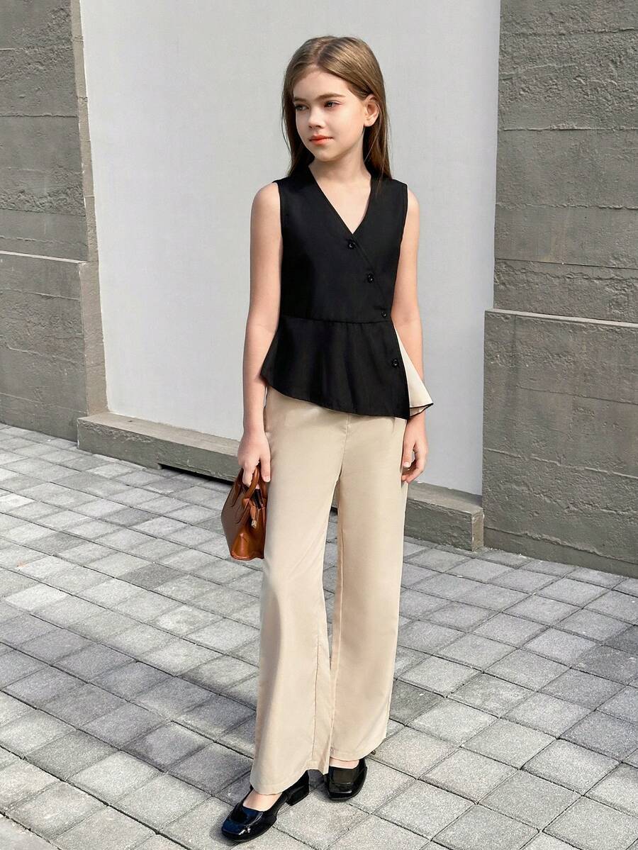 2pcs Girls Elegant Sleeveless Jumpsuit With Slit Hem, Suitable For Autumn/Winter Outdoor - Multicolor - View 1