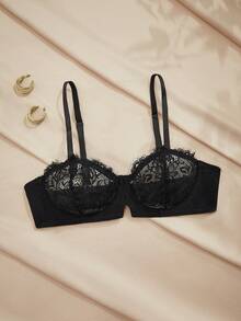 Charlaine Sujetador balconette romántico con encaje floral, parches, aros, relleno y realce del escote, cómodo para uso diario, como regalo - Negro - Ver 8