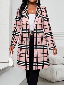 SHEIN Lady CURVE Áo khoác gió cổ ve lật dệt kim họa tiết kẻ caro mùa xuân, mùa hè, mùa thu và mùa đông cỡ lớn, dài vừa, cài hai hàng khuy - Hồng - Xem 5