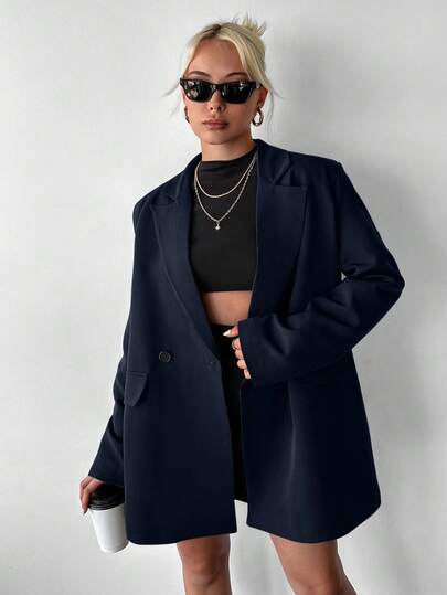 Ritzy Row Women's Casual Oversized Padded Shoulder Mid-Length Double-Breasted Blazer