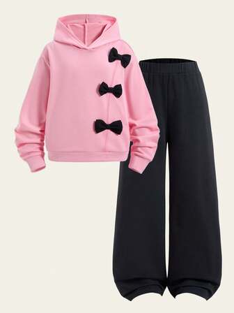 Casuvi Kids 2pcs/Set Tween GirlsBlack Bow Accent Pink Drop Shoulder Sweatshirt And Black Loose Fit Pants, Minimalist Design Suitable For Casual, School, Daily Wear, Spring & Autumn