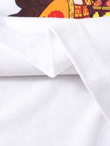 SHEIN Middle Eastern Print Girls T-Shirt Top & Pleated Floral Skirt Set, Suitable For Middle Eastern, Party, Festival Wear - Mustard Yellow - View 5