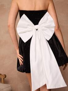 Enchnt Váy mini thắt nơ màu tương phản không tay thanh lịch - màu đen - Xem 6