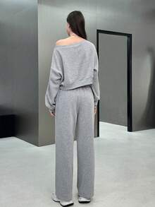 INAWLY 2pcs Women's Casual Asymmetric Collar Number Print Sweatshirt And Sweatpants Set, Spring/Fall - Multicolor - View 2