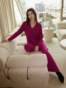 Andrea Bello Ensemble de pyjama femme de loisirs, haut à manches longues et pantalon long, couleur unie, pour la saison automnale et les vacances. Tenue confortable pour l'automne.