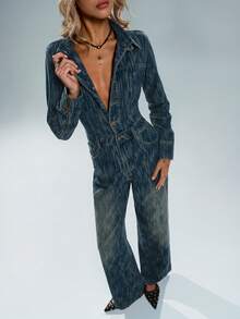 TRNVIE 女士时尚休闲Y2K复古性感牛仔连体裤 - 中等水洗藍 - 查看 7