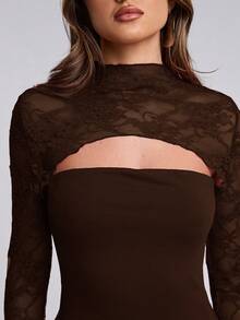 SHEIN BAE Women's Fashionable Sexy Stand Collar Lace Patchwork Sheer Chest Hollow Out Fitted Long Sleeve Top, Spring/Autumn - Coffee Brown - View 7