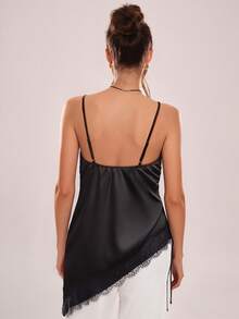 Avenya 蕾丝拼接缎面，侧边拼接抽绳褶皱透明上衣，黑色性感吊带背心 - 黑色 - 查看 4