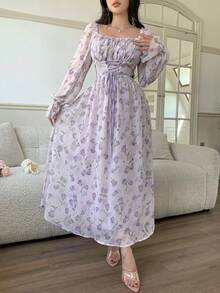 Feyla Women's Floral Print Frill Trim Square Neck Flare Sleeve Tie Waist Elegant Mid-Length Dress - Multicolor - View 5