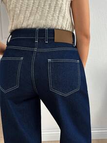 SHEIN Women's Jeans Low Waist Raw Wash Clean Smart Casual Denim Straight Leg Jean Cowgirl Outfit 2000s Style - Dark Wash - View 4
