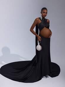 Cheriluna Maternity 纯色抹胸飘逸长款孕妇连衣裙，适合拍照 - 黑色 - 查看 4