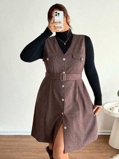 Lounesse 大码休闲纯色无袖收腰连衣裙