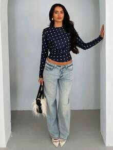 Glamine Simple Polka Dot Knit Long Sleeve Hollow Back Sweatshirt For Women, Daily Wear - Navy Blue - View 5