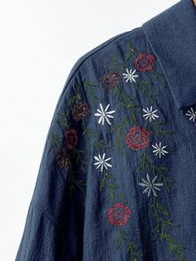 Modelyn Women 2Pcs Set: Embroidered Ruffle Sleeve Blouse And Elastic Waist Pants - Navy Blue - View 4