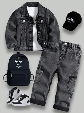 SHEIN جاكيت جينز كاموفلاج أمريكية جديدة للشباب + بنطلون جينز واسع بقصة مستقيمة عادية