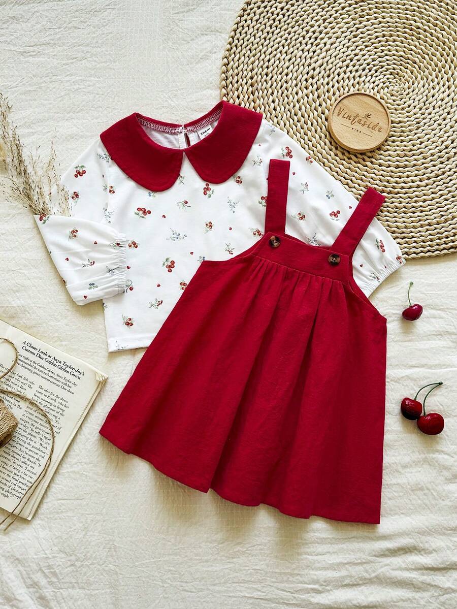 2pcs Baby Girls' Comfortable Casual Red Collar Cute Print Long Sleeve Top And Matching Red Suspender Skirt Dress Set, Versatile Countryside Style, Suitable For Spring/Autumn, Daily Wear, Home, Outdoor, Travel, School