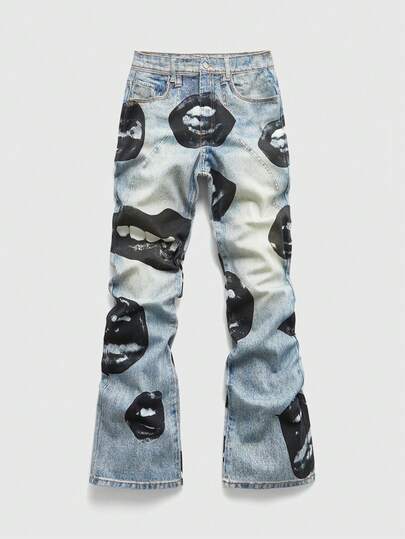 Jeans da uomo con tasche, a zampa d'elefante, con stampa a labbra e stretch