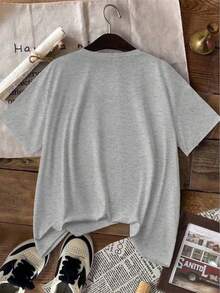 INAWLY 大码圆领短袖字母印花简约 T 恤，休闲日常穿着 - 灰色 - 查看 2