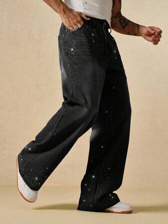 Street Life Loose Straight Comfortable Rhinestone Embellished Casual Men Jeans