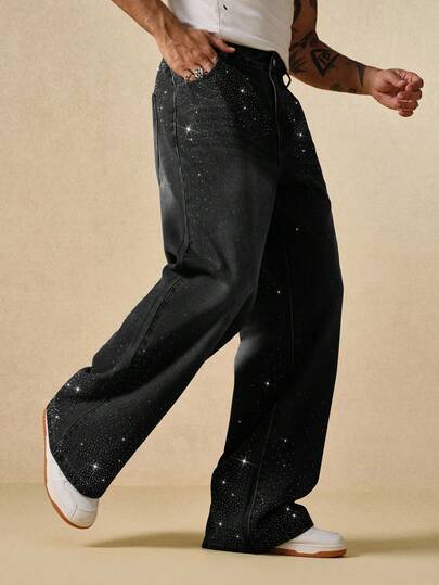 Street Life Loose Straight Comfortable Rhinestone Embellished Casual Men Jeans