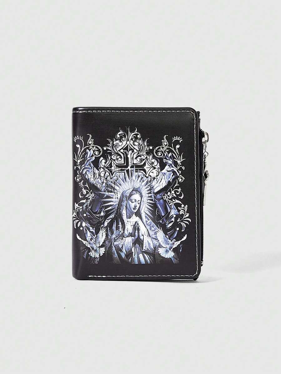 ROMWE Goth 哥特风钱包，朋克女孩爱心宝石水晶泪滴、星星、太阳、宝剑创意设计五芒星拉链零钱包，休闲时尚卡包 - 黑灰色 - 查看 1