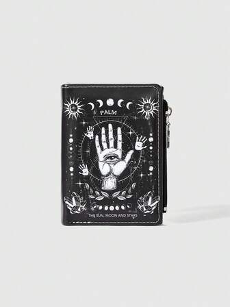 Goth Billetera de estilo gótico, monedero con cremallera con diseño creativo de pentágrama, gema de ojo de amor punk, lágrima de cristal, estrella, sol, espada, portador de tarjetas de moda casual
