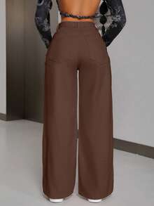 Flexra Jeans anchos de pierna ancha con lavado y deshilachado casual para mujer - Café integral - Ver 2