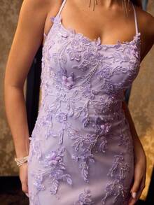 MOTF PREMIUM PURPLE MESH PATCHWORK EMBROIDERED LACE UP BACKLESS EVENING DRESS - Purple - View 3