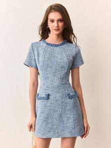 Aveloria Rosie Vintage Romantic Elegant Fitted Waist Crew Neck Short Sleeve Dress With Contrasting Tweed Fabric And Matching Ribbon Trim, Slimming - Blue - View 4