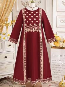 SHEIN Girls' Loose Fit Round Neck Long Dress, Floral Print Trim On Chest, Suitable For Middle East Resort Style, Outdoor Wear, Spring/Summer/Autumn - Multicolor - View 3