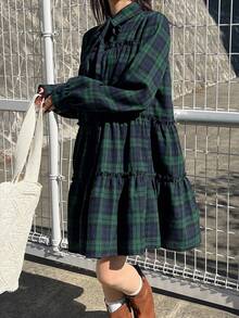 FRIFUL Đầm sơ mi nữ tay dài cổ kẻ caro, tay bồng xếp ly, vạt rộng, thiết kế bèo nhún phối ghép, dáng suông thoải mái, đa năng, dài ngang gối, thích hợp cho mùa thu/đông. - Nhiều màu - Xem 4