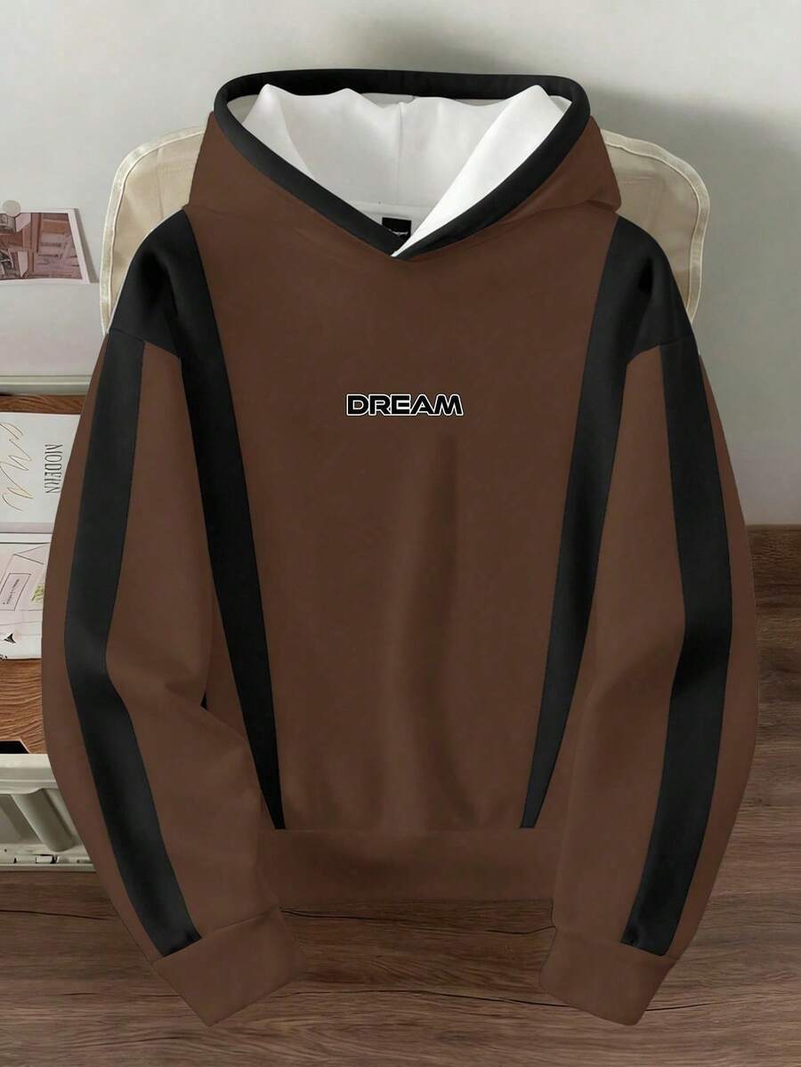 Manfinity Joysei Sudadera con capucha de manga larga con estampado de color contrastante para hombre - Marrón - Ver 1