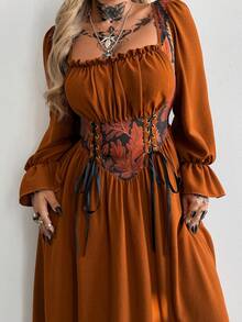 Whyspr Plus Size Square Neck Tie Waist Puff Sleeve Fashion Dress - Multicolor - View 3