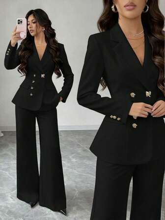 Rafferiza Minimalist French Style Solid Color Asymmetric Buckle Decor Fitted Commuter Professional New Women Suit
