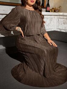 Reflora Plus Size Elegant Textured Round Neck Mid-Sleeve Dress, Autumn - Brown - View 8