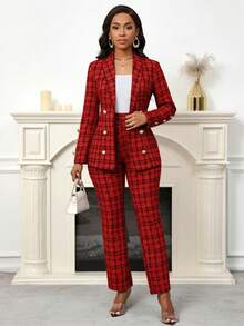 SHEIN Lady Bộ đồ hai mảnh vải tuýt đen in họa tiết dành cho nữ Bộ đồ hai mảnh thanh lịch dành cho nữ khi đi làm - Đỏ - Xem 5