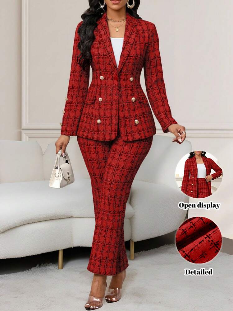 SHEIN Lady 黑色粗花呢印花女士两件套优雅通勤套装 - 紅色 - 查看 8