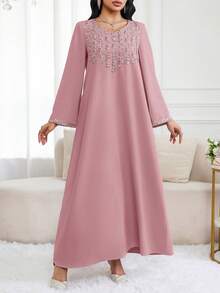 Al Najma Women's V-Neck Applique Design Long Sleeve Loose Casual Arabic Style Dress - Dusty Pink - View 3