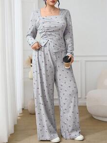 Feyla Conjunto de 2 piezas con top de talla grande con lazo, estampado integral, fruncido y bajo asimétrico, y pantalones holgados - Morado - Ver 4