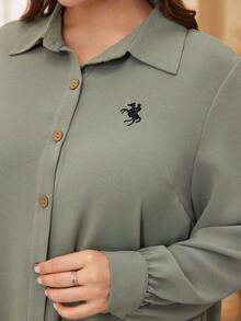 Lacomfia Plus Size Long Sleeve Solid Color Embroidered Button-Up Casual Shirt Fall - Green - View 4