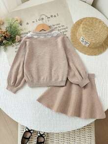 SHEIN Bộ áo len và chân váy xếp nếp màu tương phản dễ thương cho bé gái - Màu Khaki - Xem 2