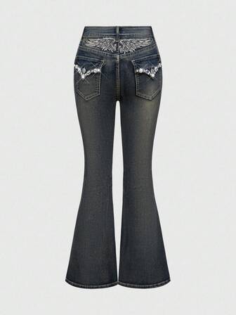 Goth Jeans évasés à taille basse, mode vintage casual pour femmes, avec broderie d'ailes et strass