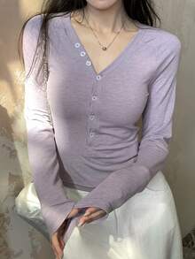 DAZY Women's V-Neck Button Half Placket Fashionable Versatile Long Sleeve T-Shirt - Mauve Purple - View 5