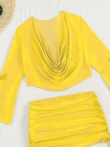 Swim SXY Set de 4 piezas de bikini de triángulo de unicolor con tirantes de espagueti, con suéter holgado de manga larga de malla y falda corta con pliegues y lazo en la cintura, sexy y elegante para fiestas en la playa y vacaciones